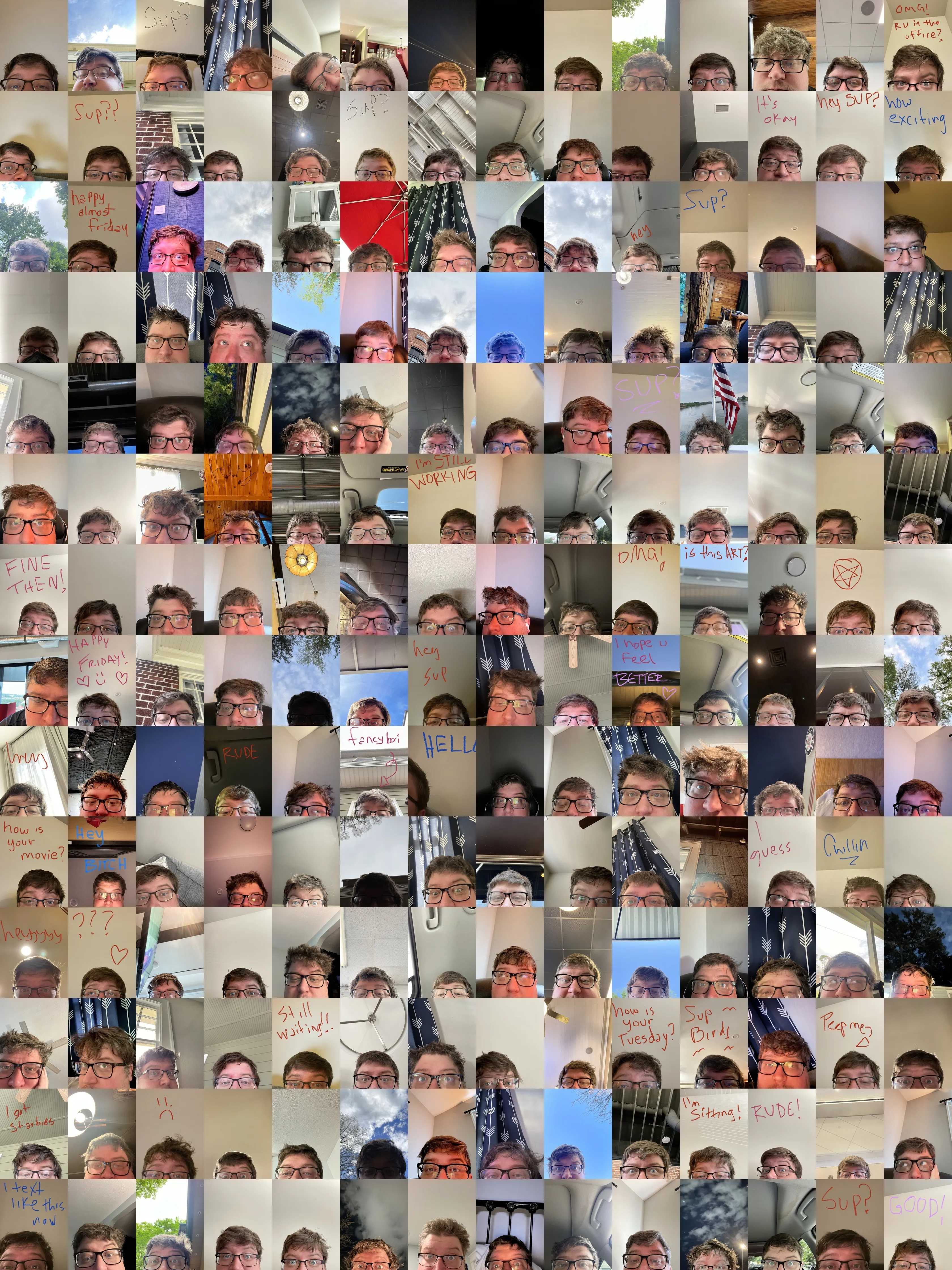 A grid of 196 selfies of Chris, each showing the top of his face